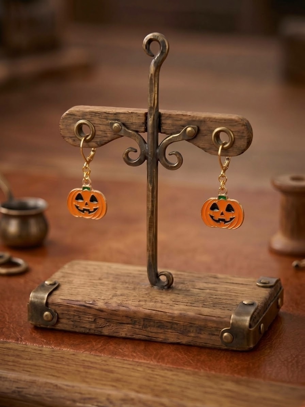 Gold-Tone Metal Latch Hook Dangle Earrings With Enamel Pumpkin Charm